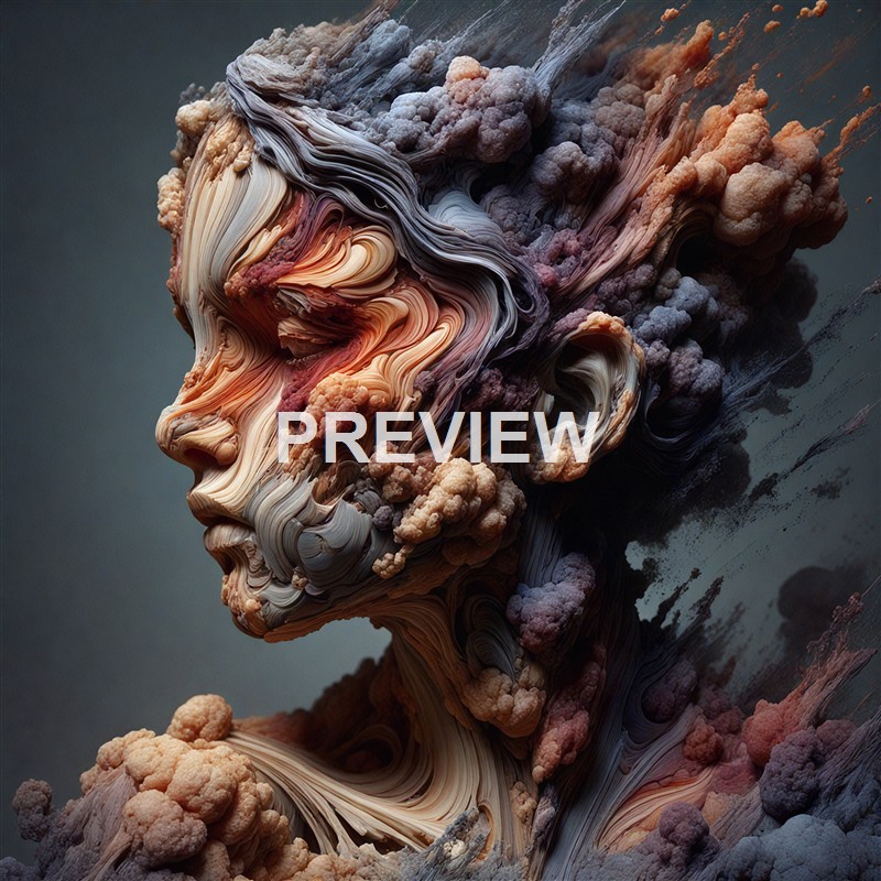 An abstract, surreal sculpture of a human face created with flowing, layered textures and organic, cloud-like formations in pastel shades.